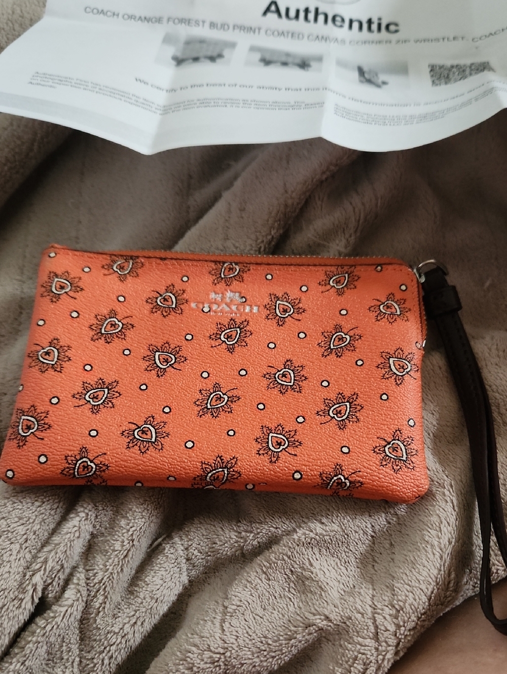 Coach Orange Floral Heart Print Leather Wristlet